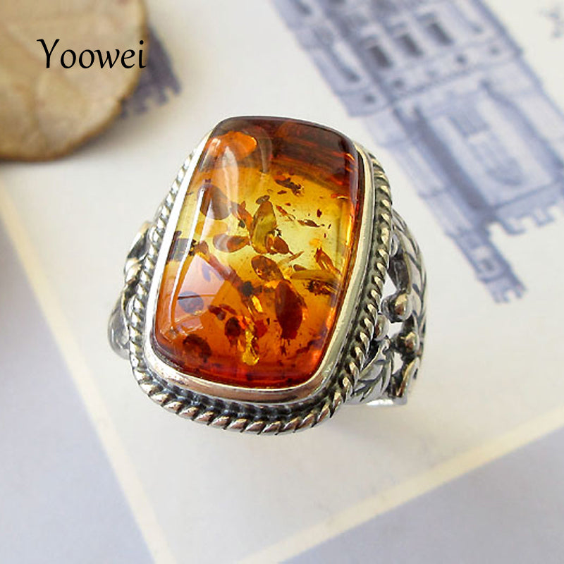 Baltic Amber Rings for Unisex Co Stunning Genuine Natural Amber Stone Trendy Antique Silver Jewelry Punk Wedding Rings