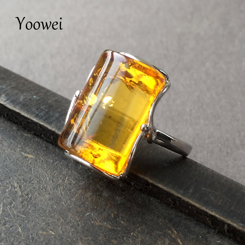 Baltic Genuine Amber Rings for Women Professional Certificate Long Golden Gems Natural Amber Wedding Jewelry Wholesale