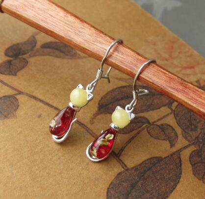 Natural Amber Earrings for Women Lovely Cat Shape Drop Dangling Earrings Amber Jewelry Genuine Pendientes ambar Wholesale