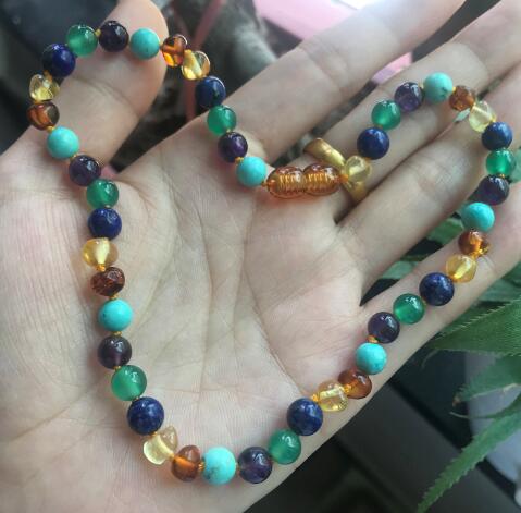 New Natural Amber Necklace with Amethyst Lapis Lazuli Colorful Gems diy Baltic Amber Women Baby Jewelry Gift Wholesale