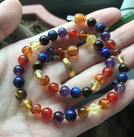 New Natural Amber Necklace with Amethyst Lapis Lazuli Colorful Gems diy Baltic Amber Women Baby Jewelry Gift Wholesale