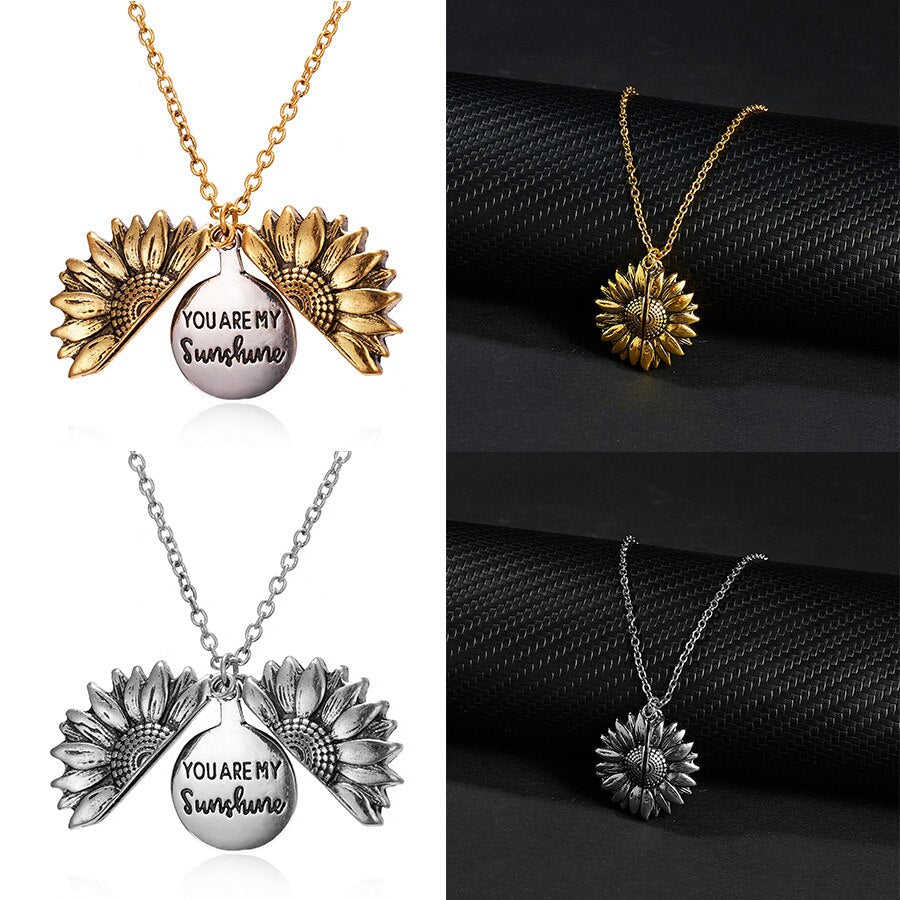 You are my sunshine Vintage Creative Sunflower pendant Double-layer Open Necklace Sweater Necklaces for Women Jewelry Gift