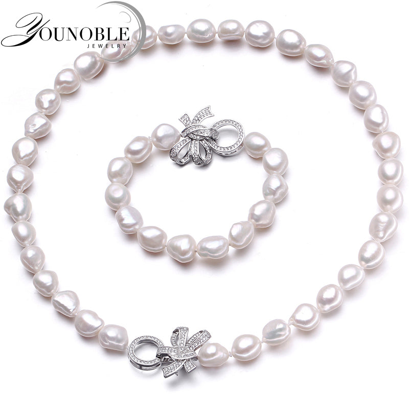 YouNoble Baroque 925 Silver 100% White Natural pearl Jewelry Sets Real pearl Necklace Bracelet Jewelry Sets for women