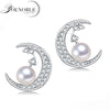 YouNoble Genuine pearl earrings for women,white natural pearl stud earring wedding 925 silver jewelry mom gift Moon