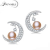 YouNoble Genuine pearl earrings for women,white natural pearl stud earring wedding 925 silver jewelry mom gift Moon