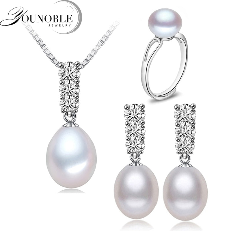 YouNoble Trendy natural pearl Necklace Set women freshwatewr pearl Jewelry Necklace Earring African Jewelry Sets White 45cm