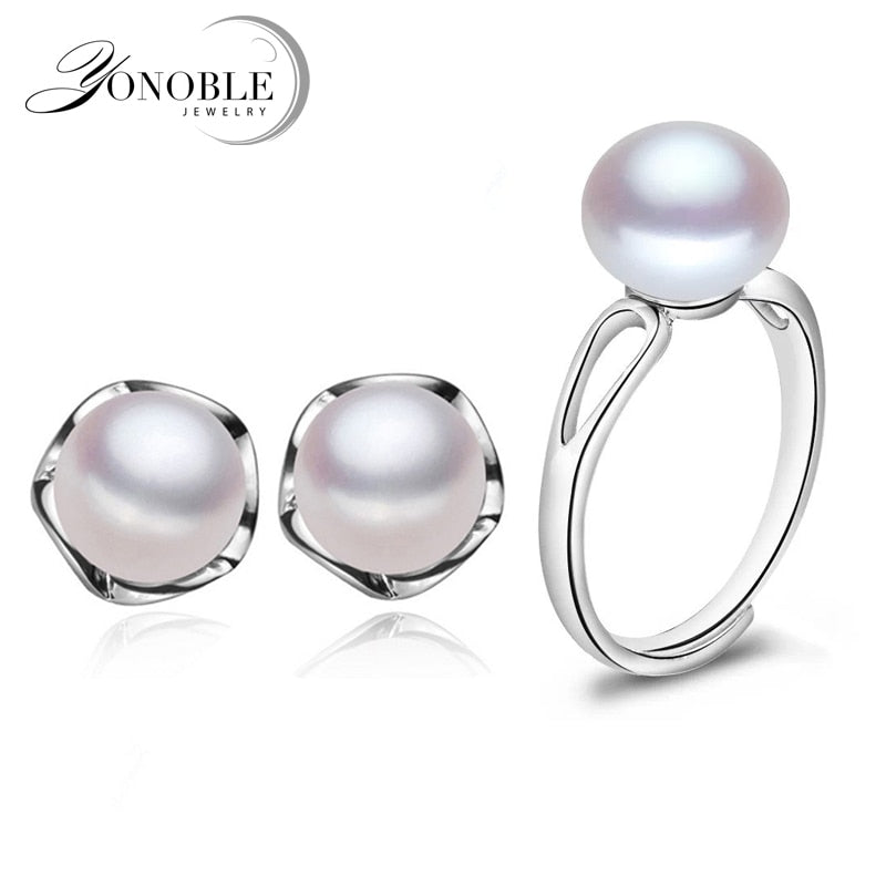 YouNoble fashion ring earring for women,real natural pearl earring sets 925 silver jewelry girl best gift white black