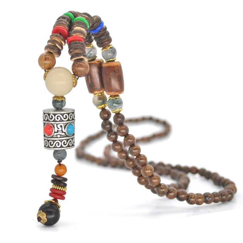 Handmade Nepal Necklace Buddhist Mala Wood Beads Pendant & Necklace Ethnic Horn Fish Long Statement Jewelry Women Men