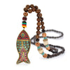 Handmade Nepal Necklace Buddhist Mala Wood Beads Pendant & Necklace Ethnic Horn Fish Long Statement Jewelry Women Men
