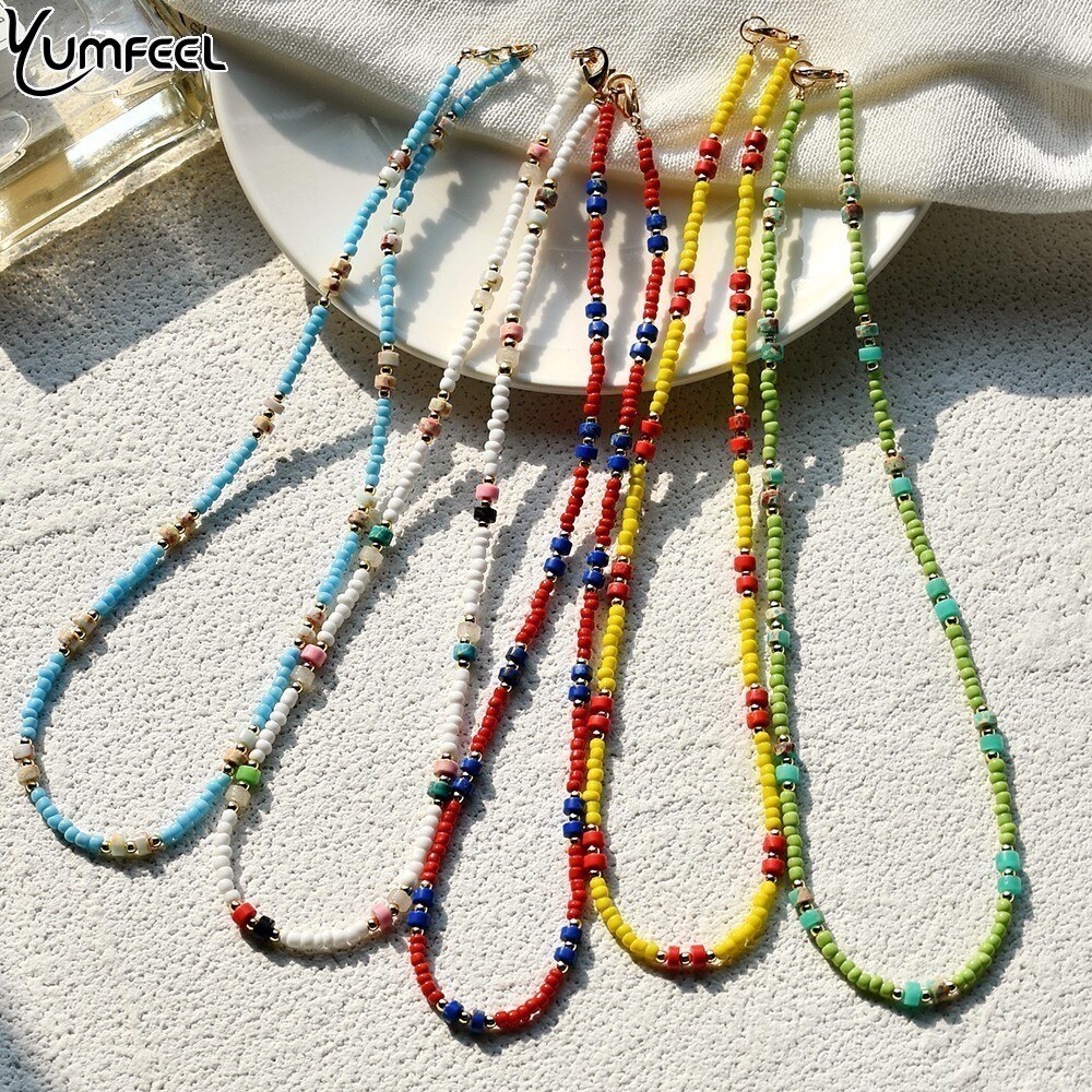 Yumfeel Boho Necklace Natural Semi-Precious Stone Seed Beads Choker Women Handmade Jewelry Gifts