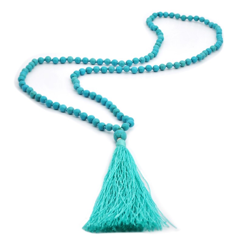 New Unique Natural Howlite Stone Kontted Long Tassel Necklace Blue Beads Mala Tassels Necklace Women Yoga Necklace