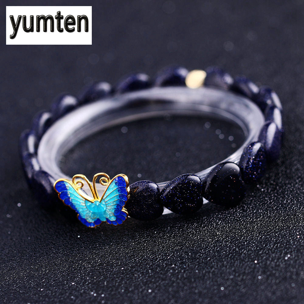 Blue Sandstone 925 Silver Butterfly Love Women's Bracelet Jewelry Meditation Sieraden Masculino Pulseras Mujer Moda Gift