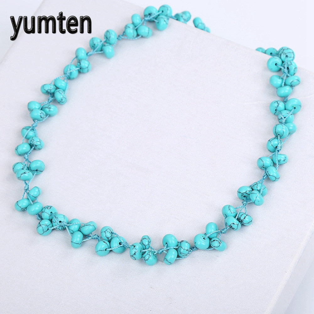 Blue Turquoise Woven Necklace Natural Stone Crystal Ladies Beads Popular Handmade Women Boutique Accessories Colgante Fox