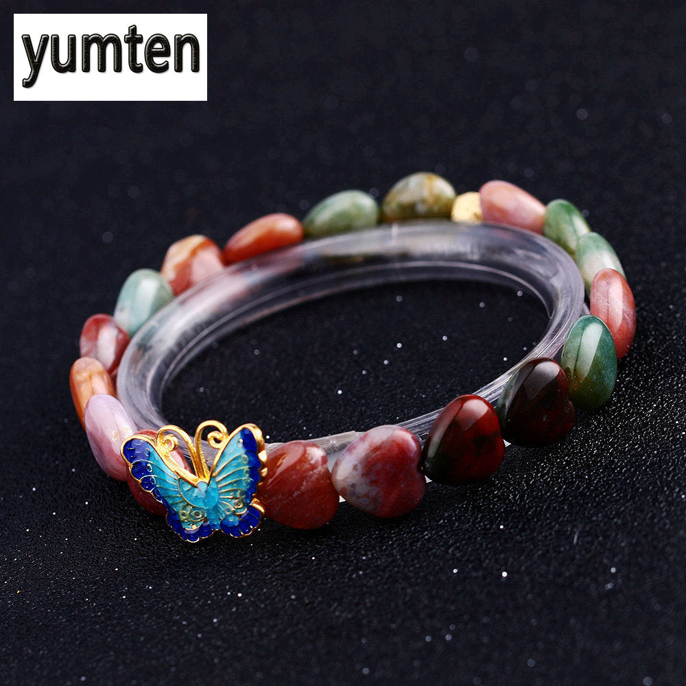 Fashion Women Bracelets Fine Jewelry Charms Love Heart Epidote Beads Handmade 925 Silver Butterfly Braccialetto Donna