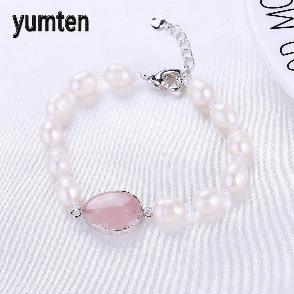 Pearl Bead Women Bracelet Fine Jewelry Natural Stone Flower Rose Quartz Silver Heart Clasp Accessories Gift