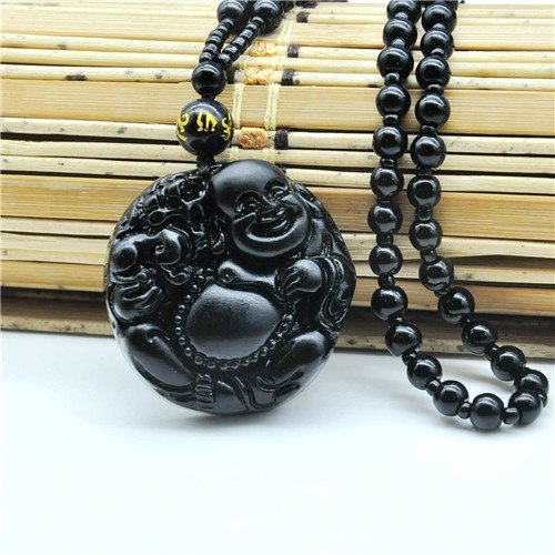 Future Maitreya Buddha Pendant Necklace Black Obsidian Buda Figure Lucky Jewelry Women Men Unisex Fine Necklaces Pendant