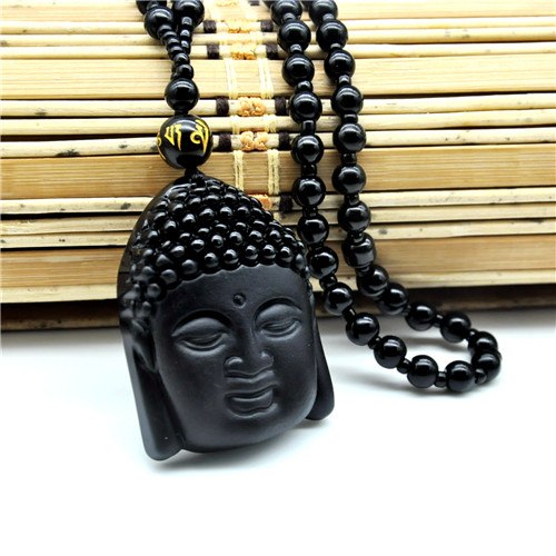 Lucky Buddha Pendant Necklaces Natural Obsidian Scrub Pendant Black Buddha Head Pendants Transhipped Buddha Head Unisex