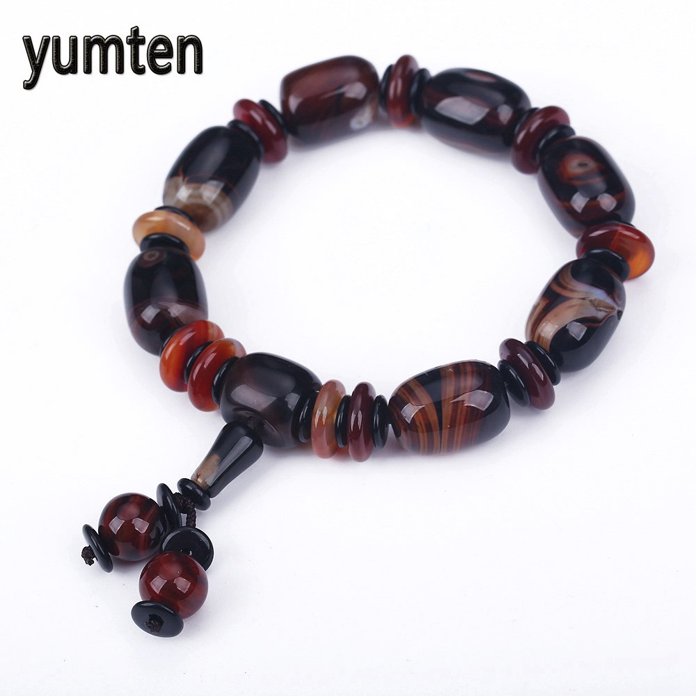 Natural Agate Bead Bracelet Men Hand Chain Casual Male Jewelry Anniversary Accessories Geometric Red Beading Black Spacer