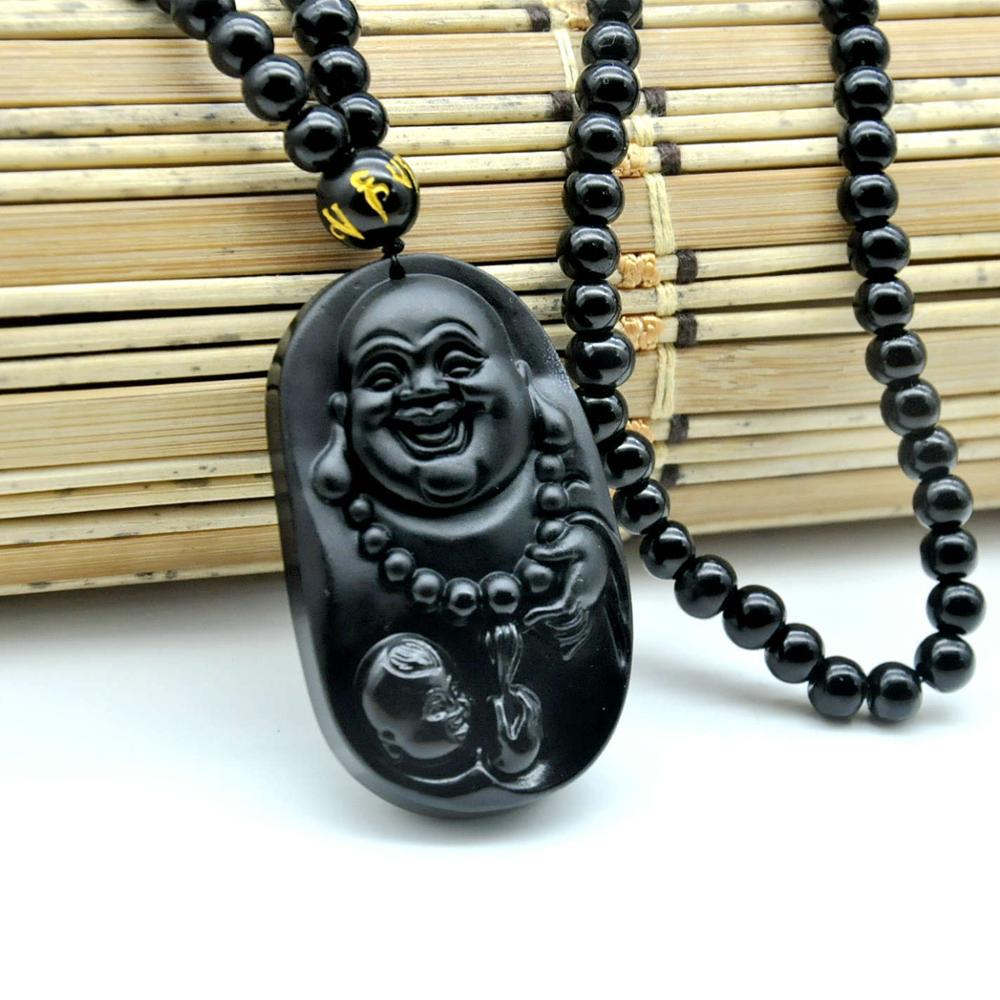Natural Black Obsidian Maitreya Buddha Pendant Necklace Buda Lucky Women Men Unisex Om Mani Padme Hum Bead Chain Necklace