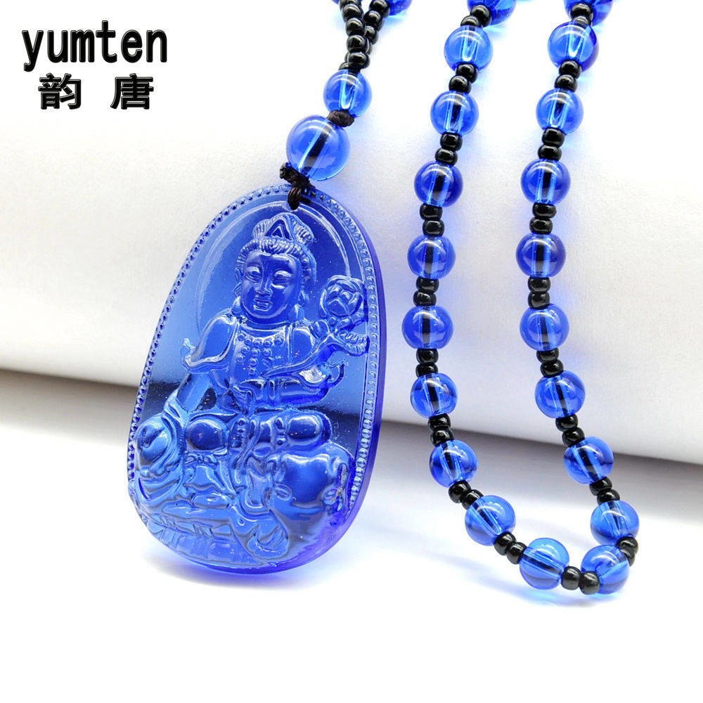 Natural Blue Crystal Buddha Patron Saint Lucky Lovers Women Men Crystal Bead Chain Pendant Necklaces Anniversary Figure