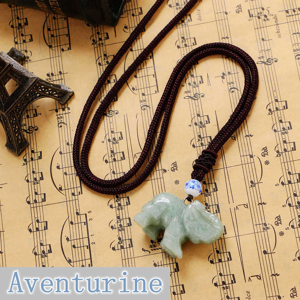 Natural Stone Elephant Pendant Rope Chain Necklace Jewelry Crystal Choker Rhinestone Malachite Tiger Eye Opal Ketting