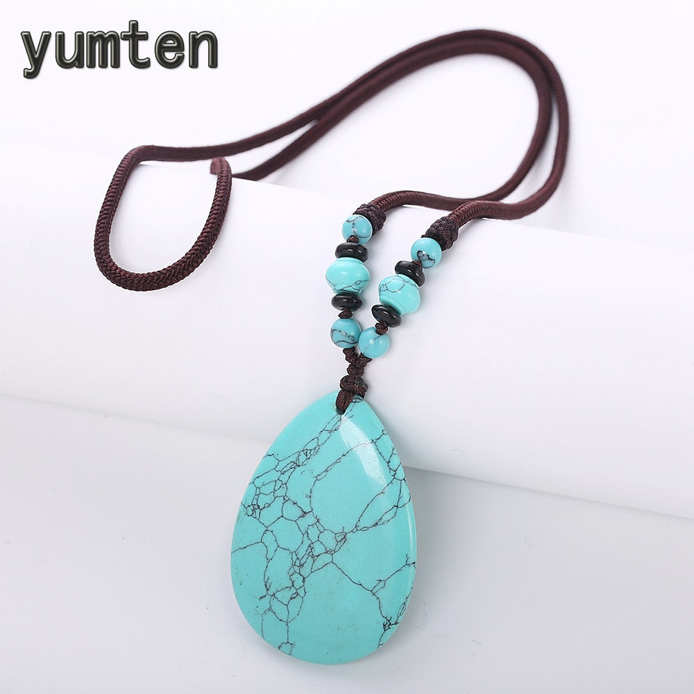 Natural Turquoise Necklaces Ethnic Women Wedding Jewellery Long Sweater Chain Crystal Pendant Simple Ornaments Meter Bead