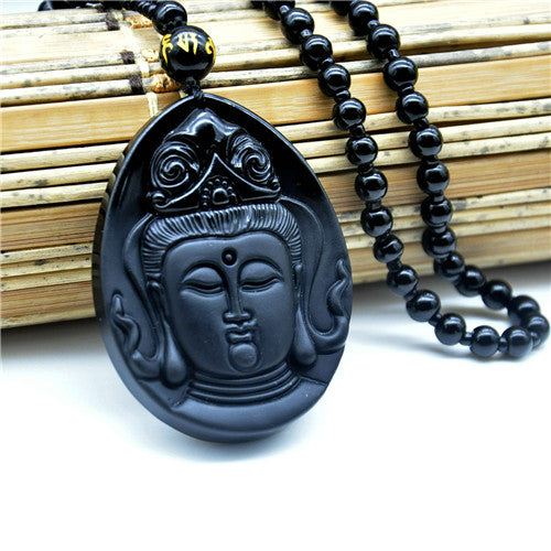 Natural black obsidian carved buddha Necklace Lucky Trendy For Men Women Pendant Necklaces Buda Jewelry Om Mani Padme Hum