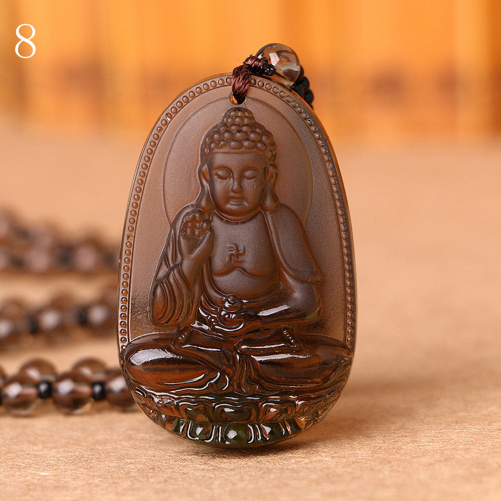 Nature Smoky Quartz Necklace Fashion Evade Peace Ethnic Buddha Pendants Necklace Vintage Jewelry Handmade Crystal Beads