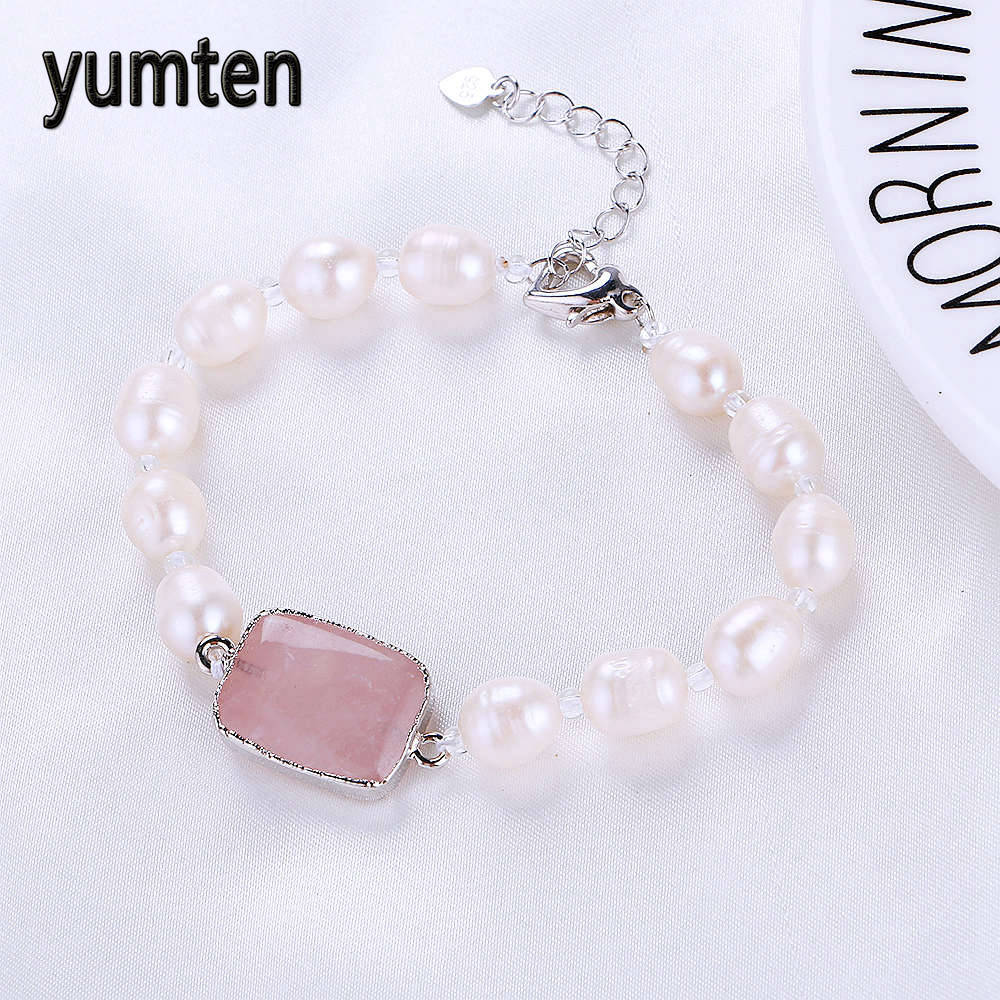 Women Bracelet Natural Pearl Bead Fine Sport Jewelry Flower Rose Quartz Silver Heart Clasp Popular Accessories