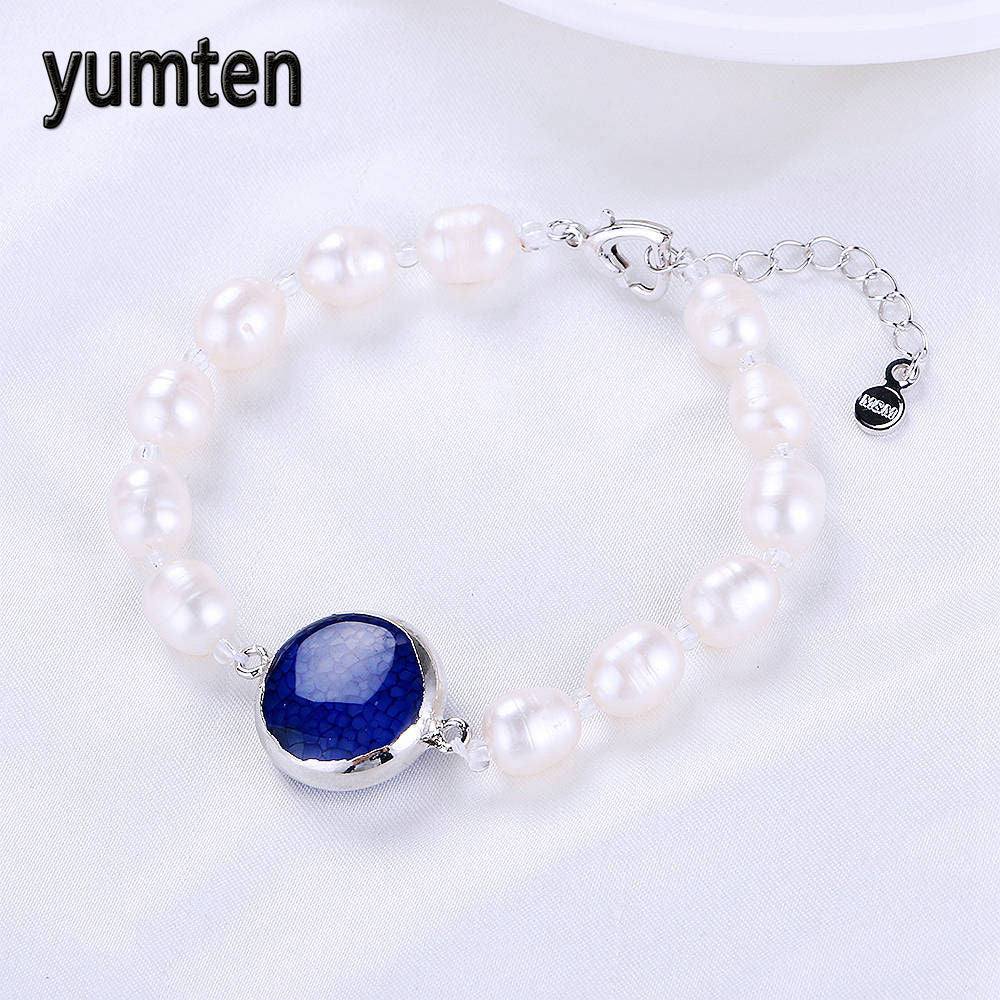 Women Love Real Nature Pearls 9-10mm Beads Charm Bracelets Blue Crystals Jewelry Classic Style Fashion Gifts