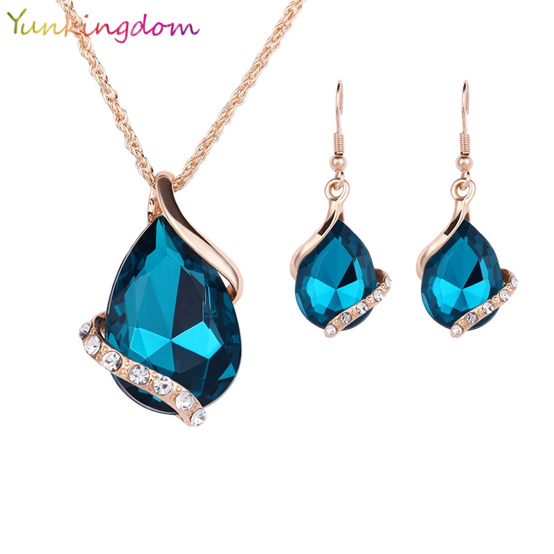 Yunkingdom-Green-Crystal-Earrings-18k-Gold-Plated-Necklaces-linked-Earrings-Geometric-Design-Wedding-Jewelry-Sets-For