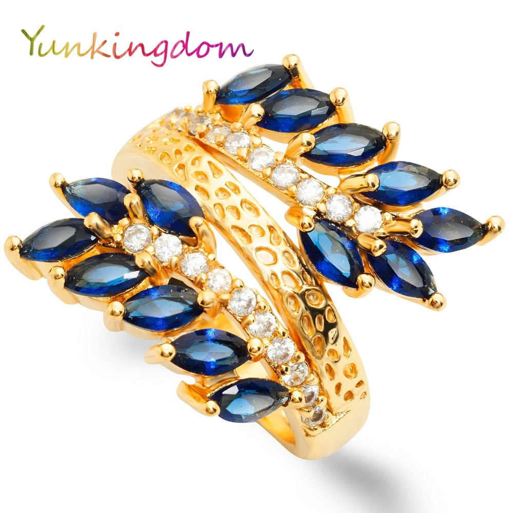 Trendy Leaves Design Gold Color Rings Dark Blue zircon crystal Bride's Wedding Ring For Women Fine Jewelry ALP0606