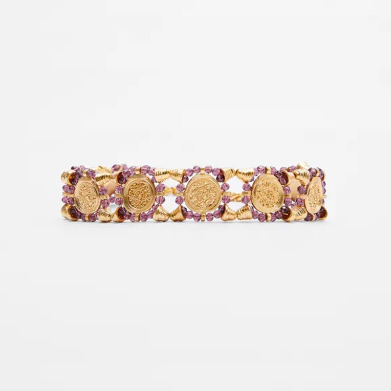 ZA Necklaces Trendy Ladies Gold Color Round Metal Printing Purple Crystal Beads Handmade Beaded Chokers Necklaces For Women Gift