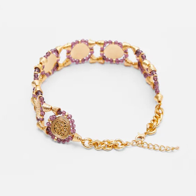 ZA Necklaces Trendy Ladies Gold Color Round Metal Printing Purple Crystal Beads Handmade Beaded Chokers Necklaces For Women Gift