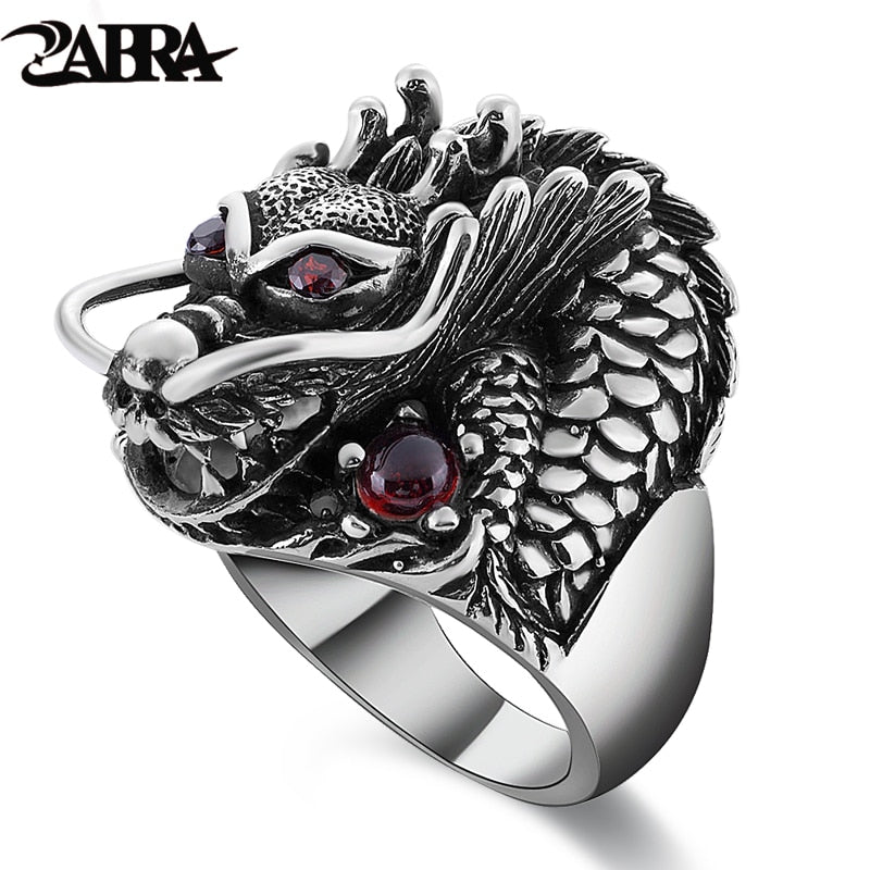 100% Solid 925 Sterling Silver Dragon Red Zircon Eye Domineering Men Ring Vintage Punk Retro Big Gothic Ring Men Jewelry