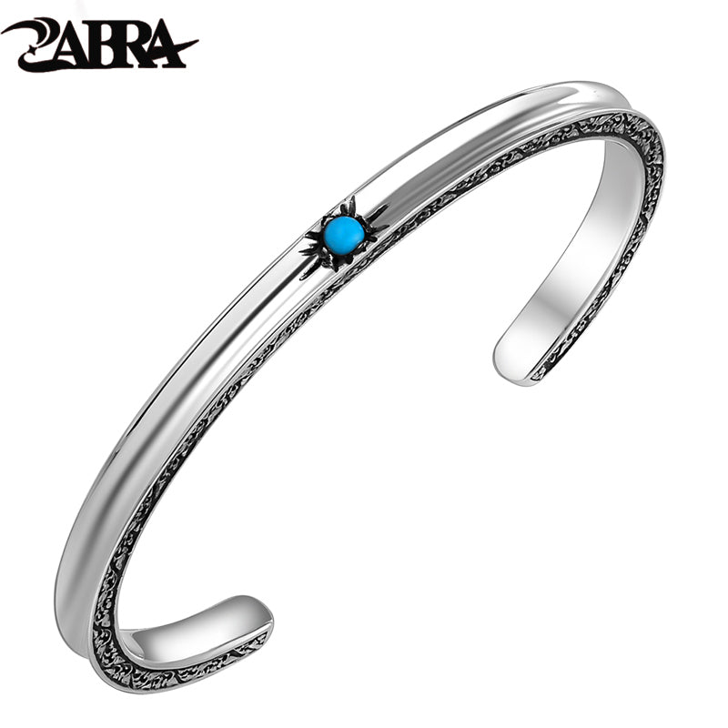 925 Sterling Silver 4mm Open Cuff Natural Zircon Stone Bangle for Women Men Lovers Vintage Fashion Rock Women Fine Jewelry