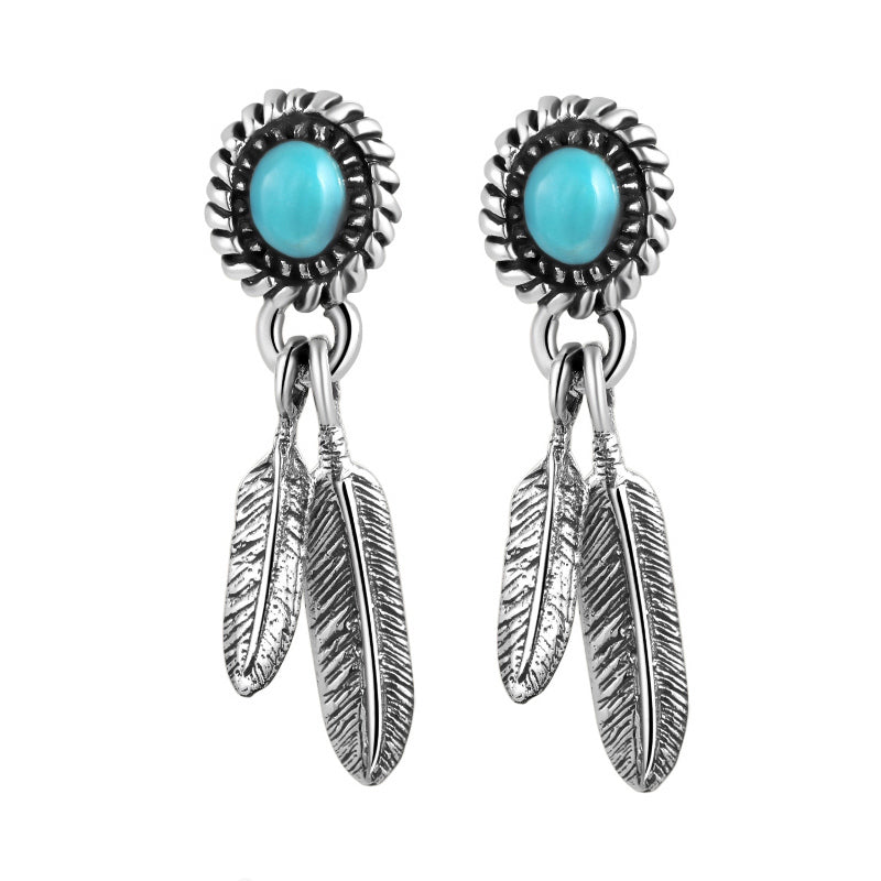 925 Sterling Silver Earrings For Men Vintage Long Stud Green Stone Gold Feather Silver Mens Earrings Fashion Jewelry 2020