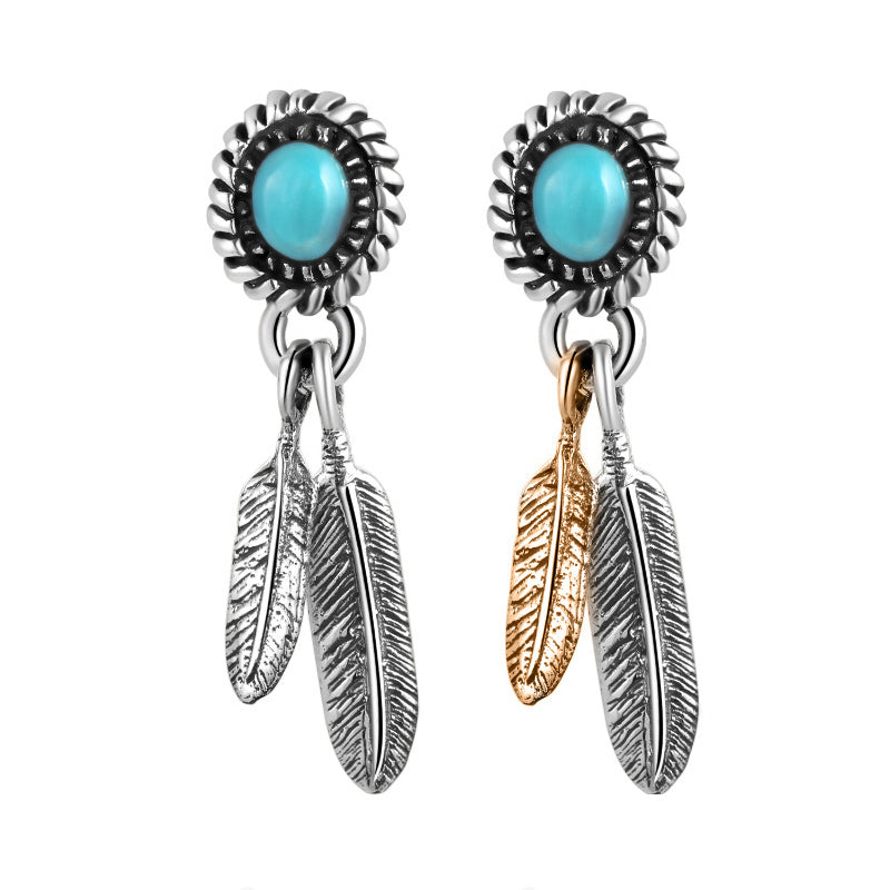 925 Sterling Silver Earrings For Men Vintage Long Stud Green Stone Gold Feather Silver Mens Earrings Fashion Jewelry 2020
