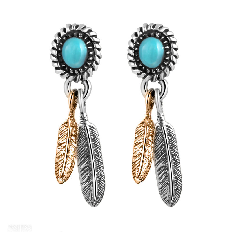 925 Sterling Silver Earrings For Men Vintage Long Stud Green Stone Gold Feather Silver Mens Earrings Fashion Jewelry 2020