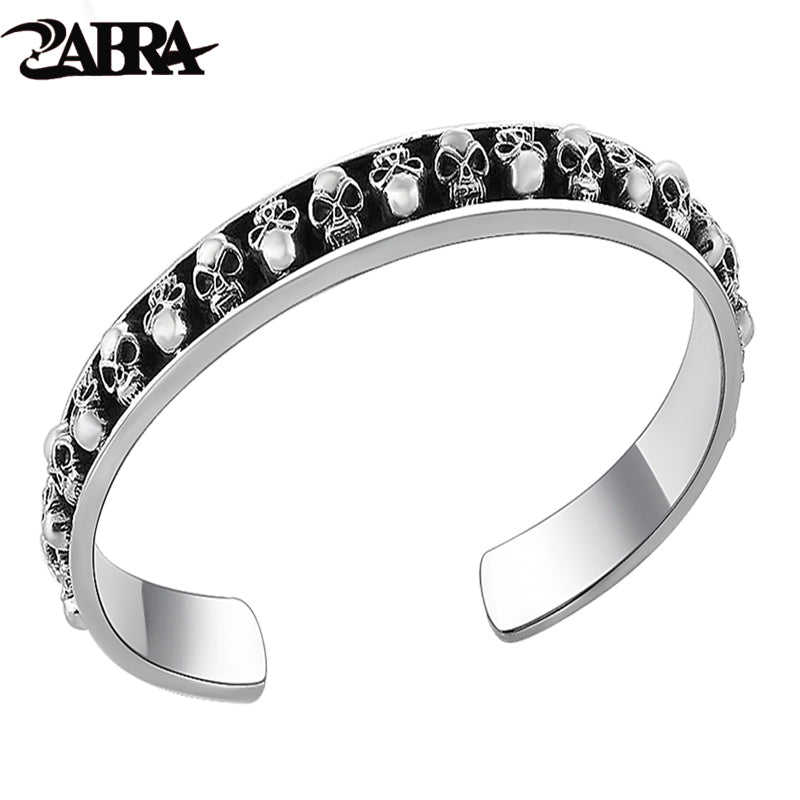 Authentic 925 Sterling Silver Many Skulls Open Cuff Bangle Mens Bracelet Vintage Handmade Punk Rock Biker Men Fine Jewelry