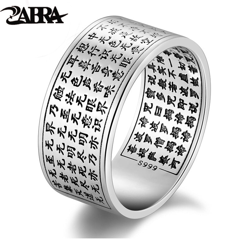 Genuine Silver 999 Heart Sutra Ring For Men Big Wide Rings Buddha Chinese Letters Clear Engraved Vintage Male Jewelry