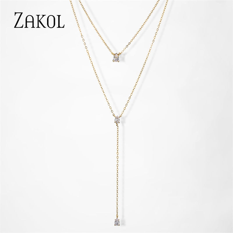 ZAKOL INS Fashion Round Double Layer Clavicle Choker Necklace for Women Girl Geometric Cubic Zirconia Chain Necklace Jewelry