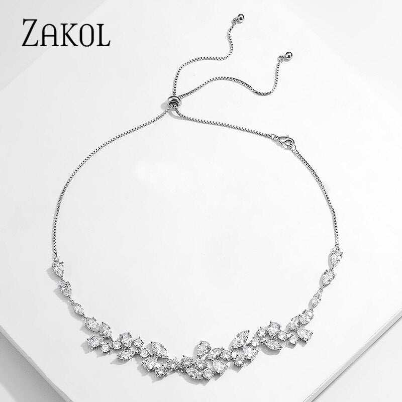 ZAKOL  Exquisite Marquise Cut Cubic Zircon Leaf Adjustable Chain Choker Necklaces For Women Bridal Wedding Jewelry