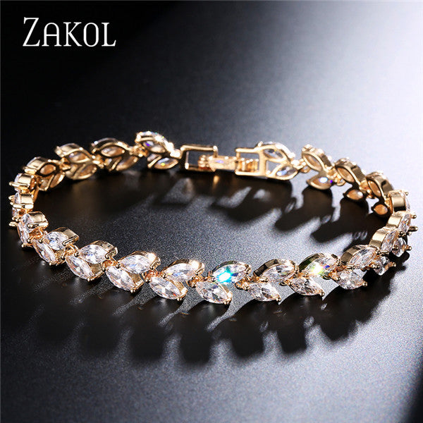 ZAKOL Trendy Bride Jewelry Sliver Color Leaf Charm Cubic Zirconia Bracelet & Bangles Clear CZ Crystal Bangles For Women FSBP061