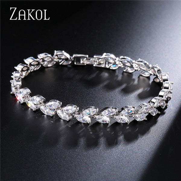 ZAKOL Trendy Bride Jewelry Sliver Color Leaf Charm Cubic Zirconia Bracelet & Bangles Clear CZ Crystal Bangles For Women FSBP061