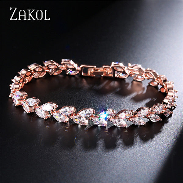 ZAKOL Trendy Bride Jewelry Sliver Color Leaf Charm Cubic Zirconia Bracelet & Bangles Clear CZ Crystal Bangles For Women FSBP061