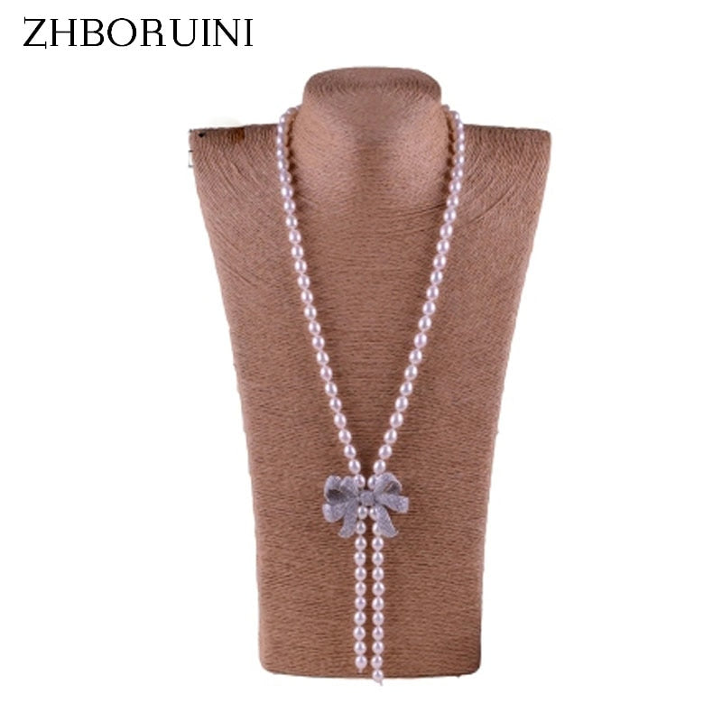 2020 Fashion Long Pearl Necklace Natural Freshwater Pearl Butterfly Bow Pearl Jewelry For Women Necklace Gift