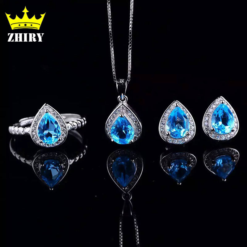 Natural Blue Topaz Jewelry Sets Genuine Solid 925 Sterling Silver Women Gemstone Ring And Necklace Pendant Earrings