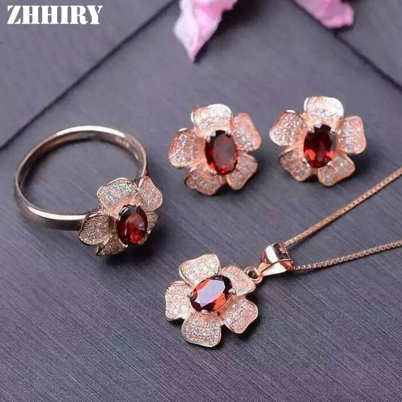 Natural Garnet Gemstone Jewelry Set Genuine 925 Sterling Silver Necklace Pendant Ring Earring Fine Jewelry