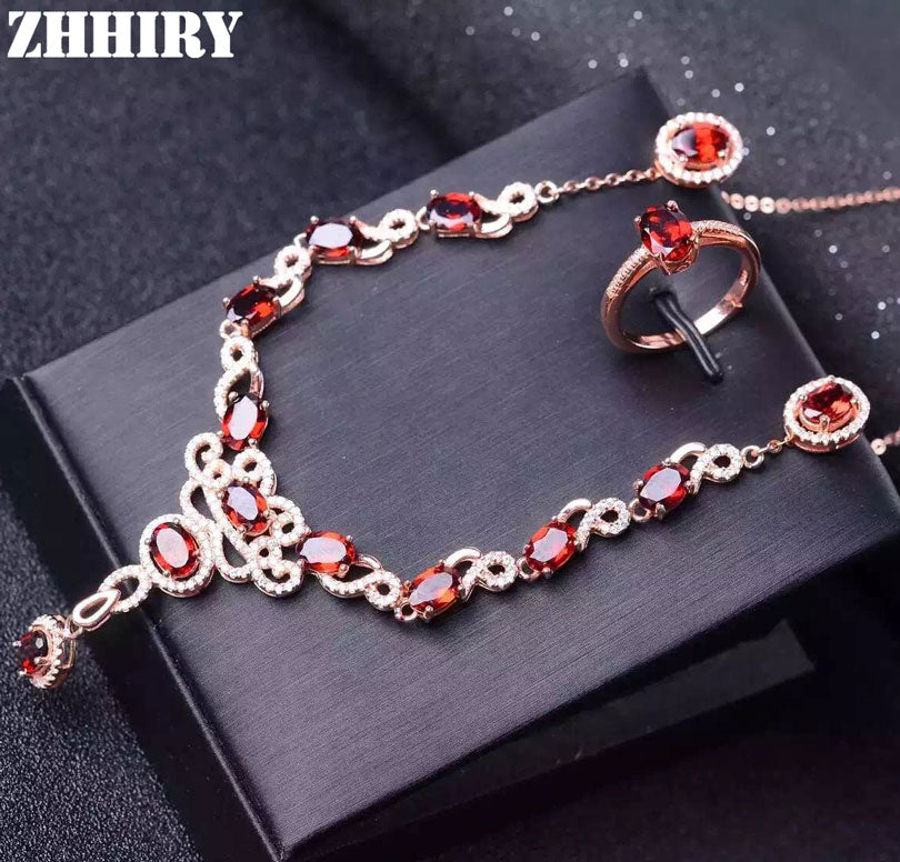 Natural Garnet Gemstone Jewelry Set Genuine 925 Sterling Silver Necklace Pendant Ring Earring lady Sets
